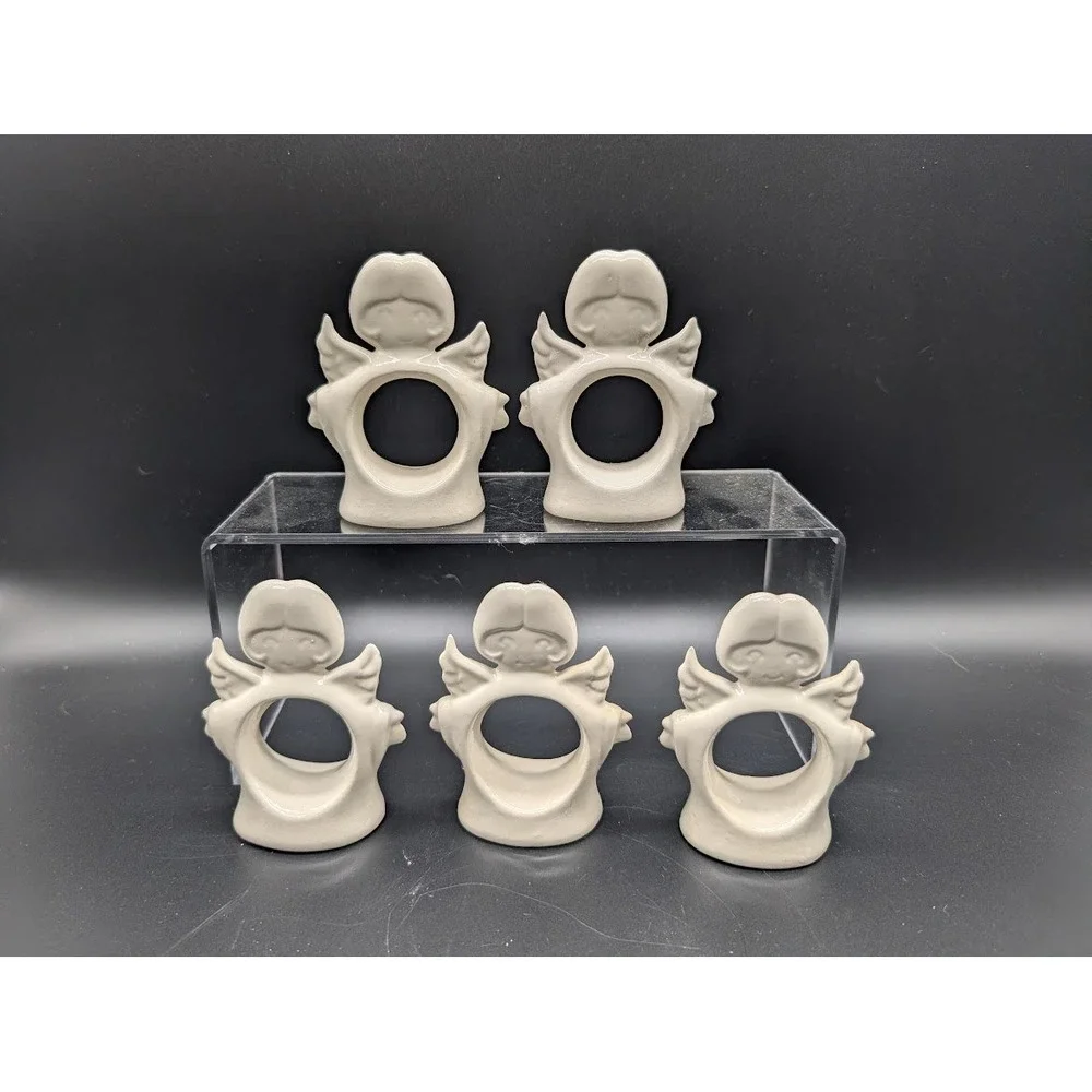 5 Set Vintage Hand Painted Ceramic Angel Napkin Ring Holder Glossy Christmas 80s